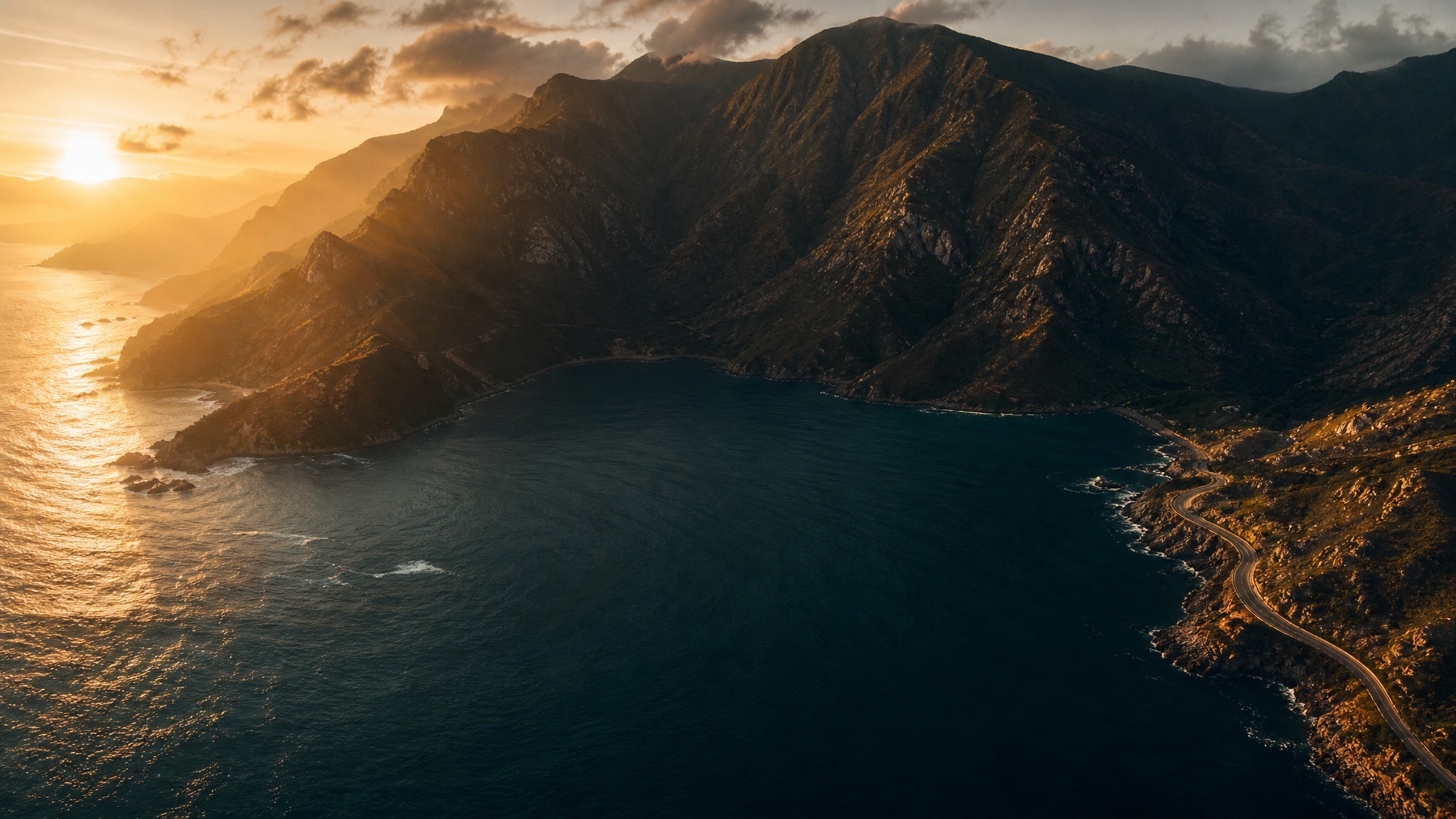 Golden-hour aerial view of a coastal mountain road above a deep teal ocean